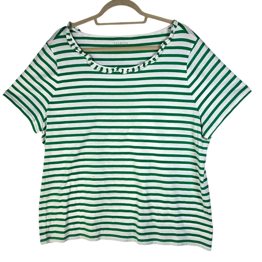 Talbots Woman Green White Striped Pima Cotton‎ Ruffle Neck T-Shirt 2X Plus Size